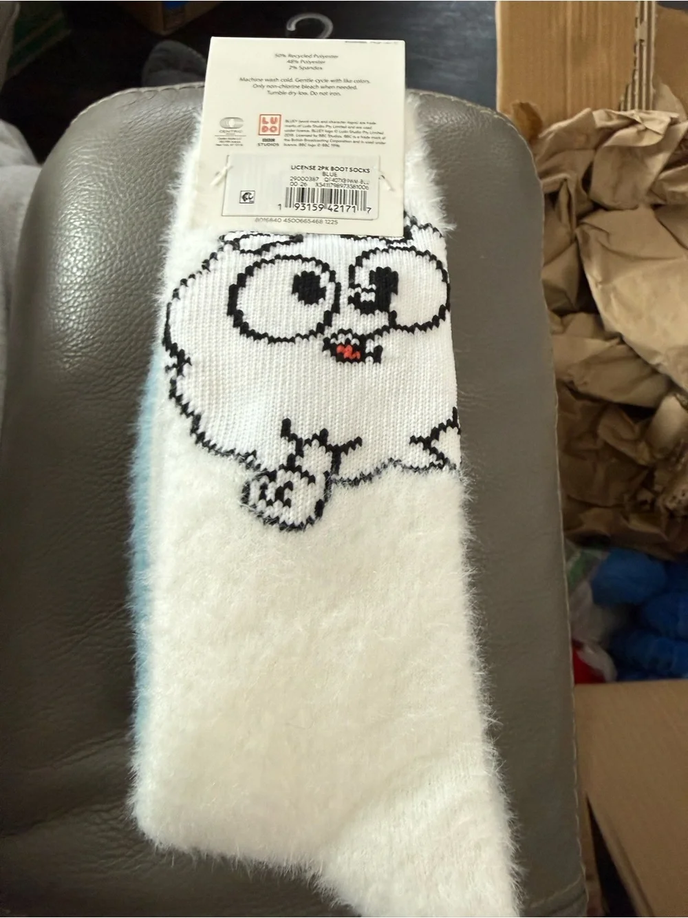Bluey Plush Fuzzy Socks - Light Blue & White with Yellow Accent. 2 pair